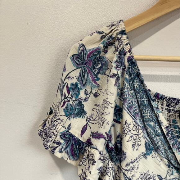 Angie Floral Boho Mini Dress S Blue White Rayon Smocked Waist Flutter Sleeve - Picture 4 of 7